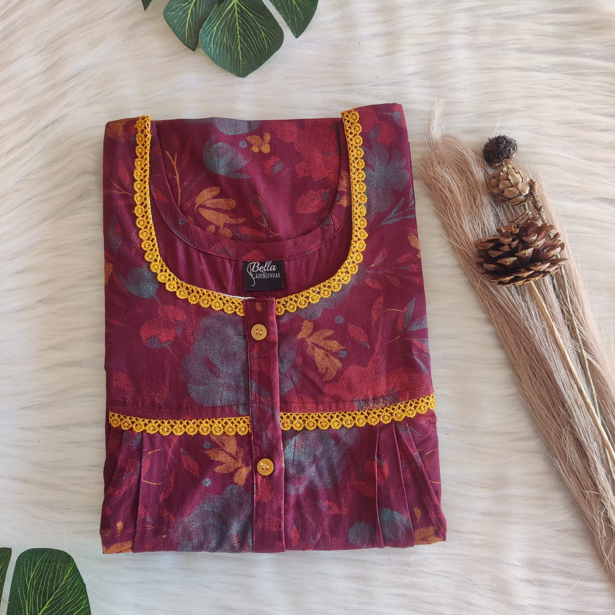 Maroon Printed Discharge Cotton Lace Button Nighty | Free Size | Chest Width 44"| Length 54"-56"