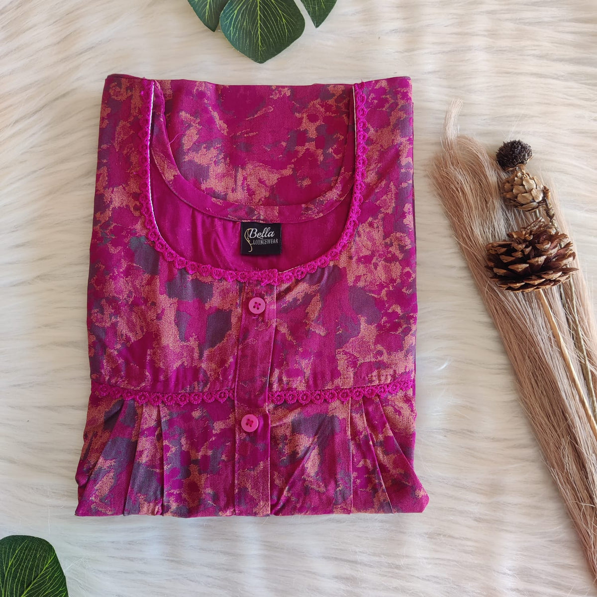 Pink Printed Discharge Cotton Lace Button Nighty | Free Size | Chest Width 44"| Length 54"-56"