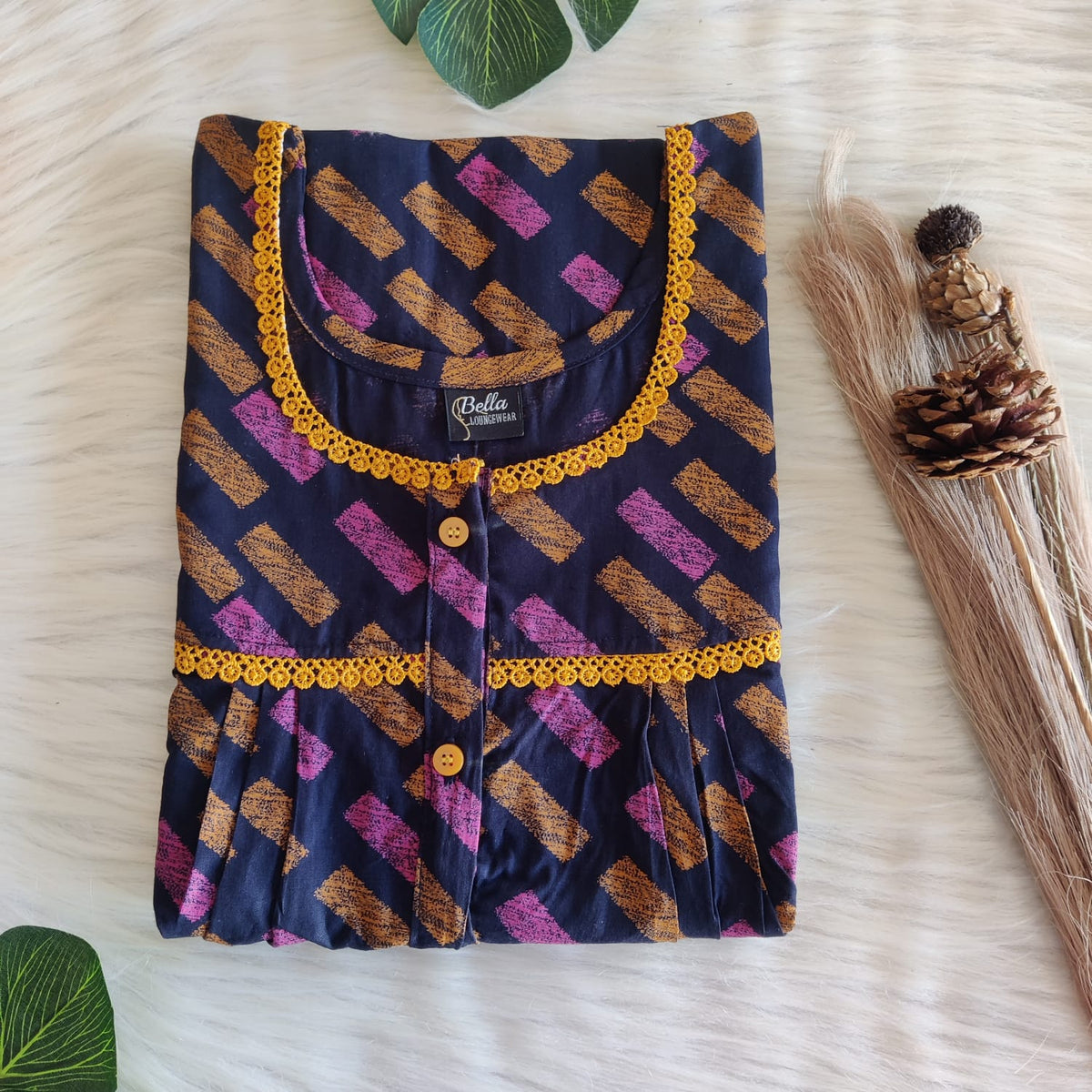 Navy Blue Printed Discharge Cotton Lace Button Nighty | Free Size | Chest Width 44"| Length 54"-56"