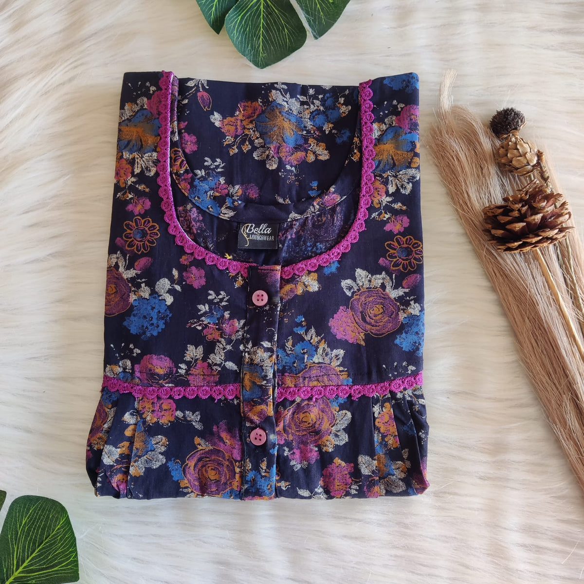 Navy Blue And Pink Printed Discharge Cotton Lace Button Nighty | Free Size | Chest Width 44"| Length 54"-56"