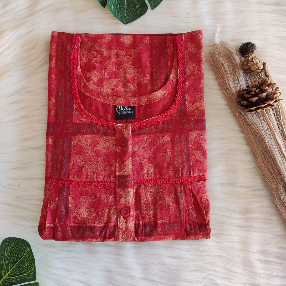 Red Printed Discharge Cotton Lace Button Nighty | Free Size | Chest Width 44"| Length 54"-56"