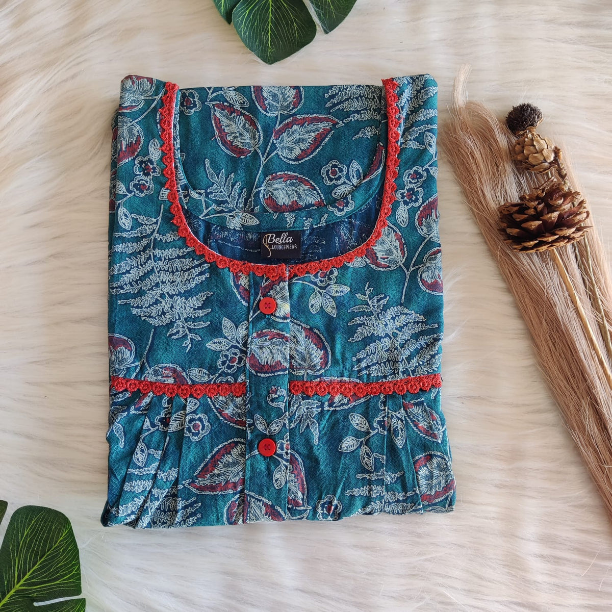 Green And Red Leaf Printed Discharge Cotton Lace Button Nighty | Free Size | Chest Width 44"| Length 54"-56"