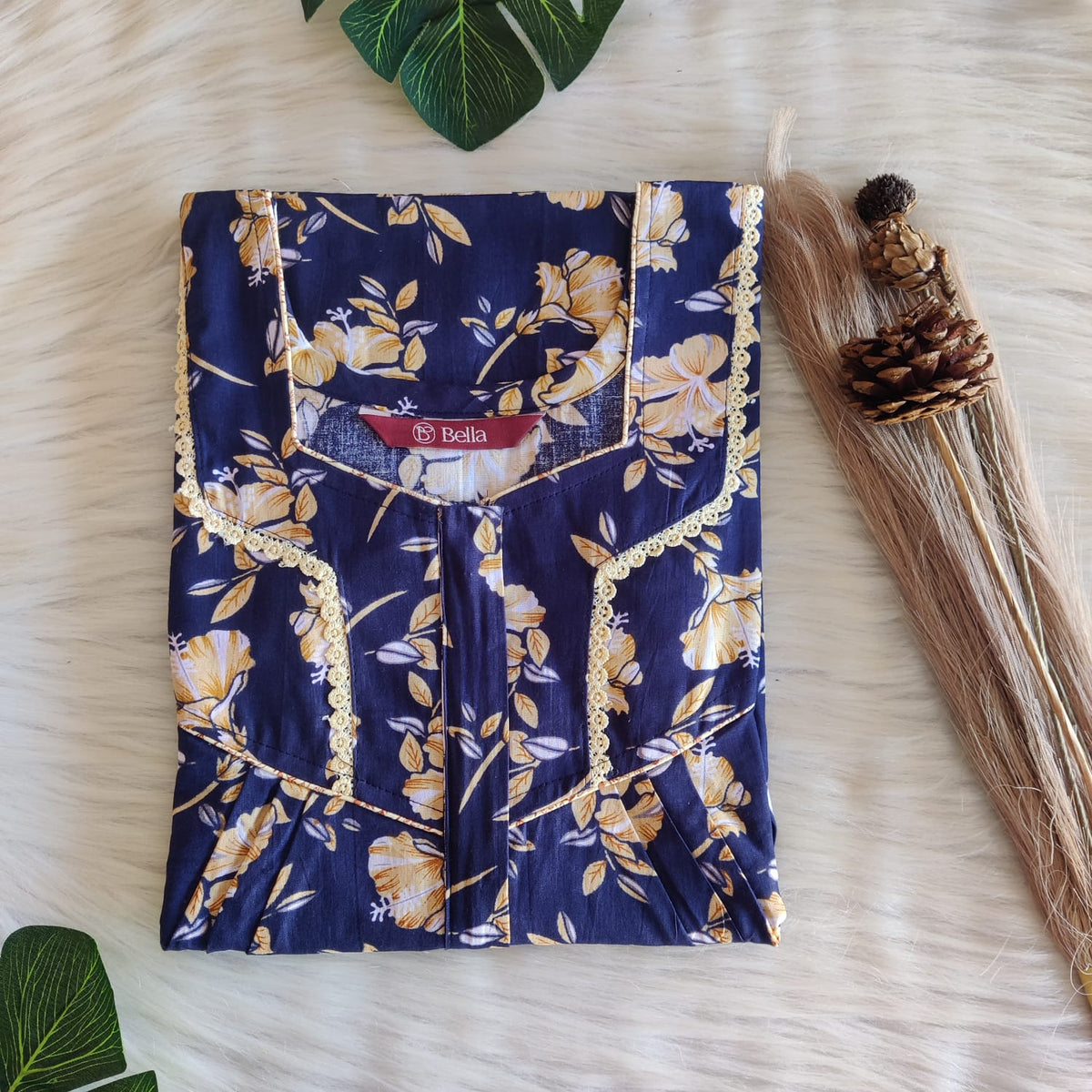 Navy-Blue And Yellow Floral Printed Premium Cotton Long Zip Lace Feeding Nighty | Free Size | Chest Width 44″| Length 56″