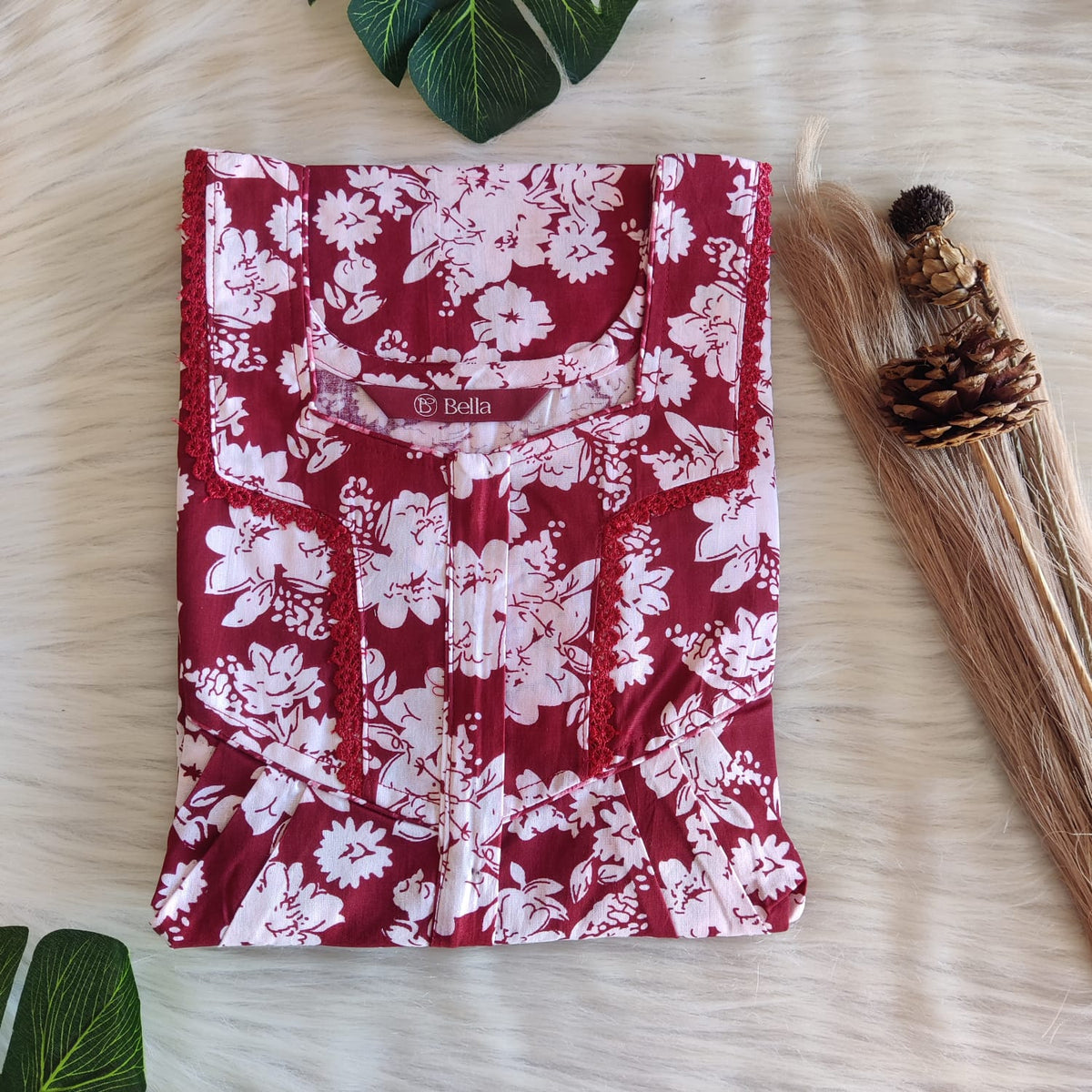 Maroon And White Floral Printed Premium Cotton Long Zip Lace Feeding Nighty | Free Size | Chest Width 44″| Length 56″