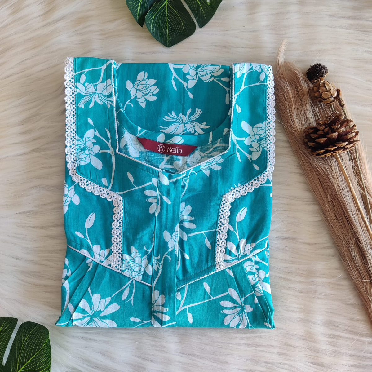 Aqua Blue And White Printed Premium Cotton Long Zip Lace Feeding Nighty | Free Size | Chest Width 44″| Length 56″