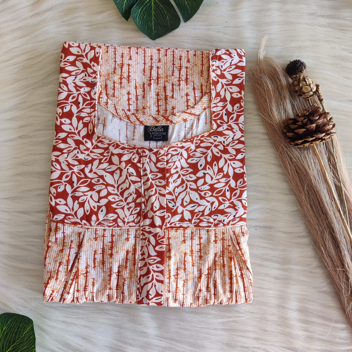 Dark And Pale Brown Printed Premium Cotton Pleated Vertical Zip Feeding Nighty | Free Size | Chest Width 44″| Length 54″-56″