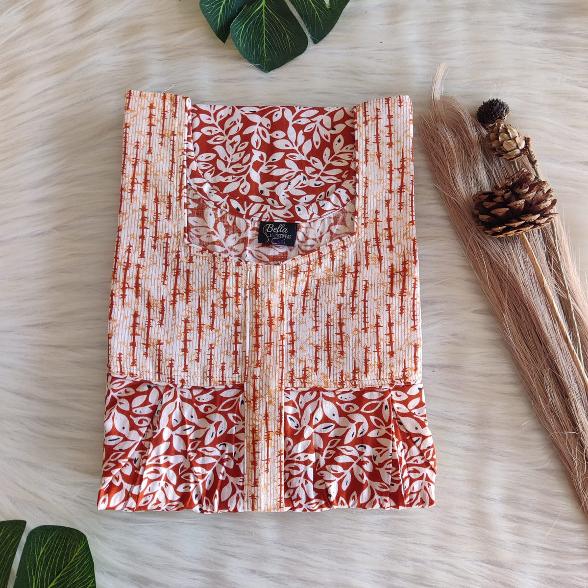 Pale And Dark Brown Leaf Printed Premium Cotton Pleated Vertical Zip Feeding Nighty | Free Size | Chest Width 44″| Length 54″-56″