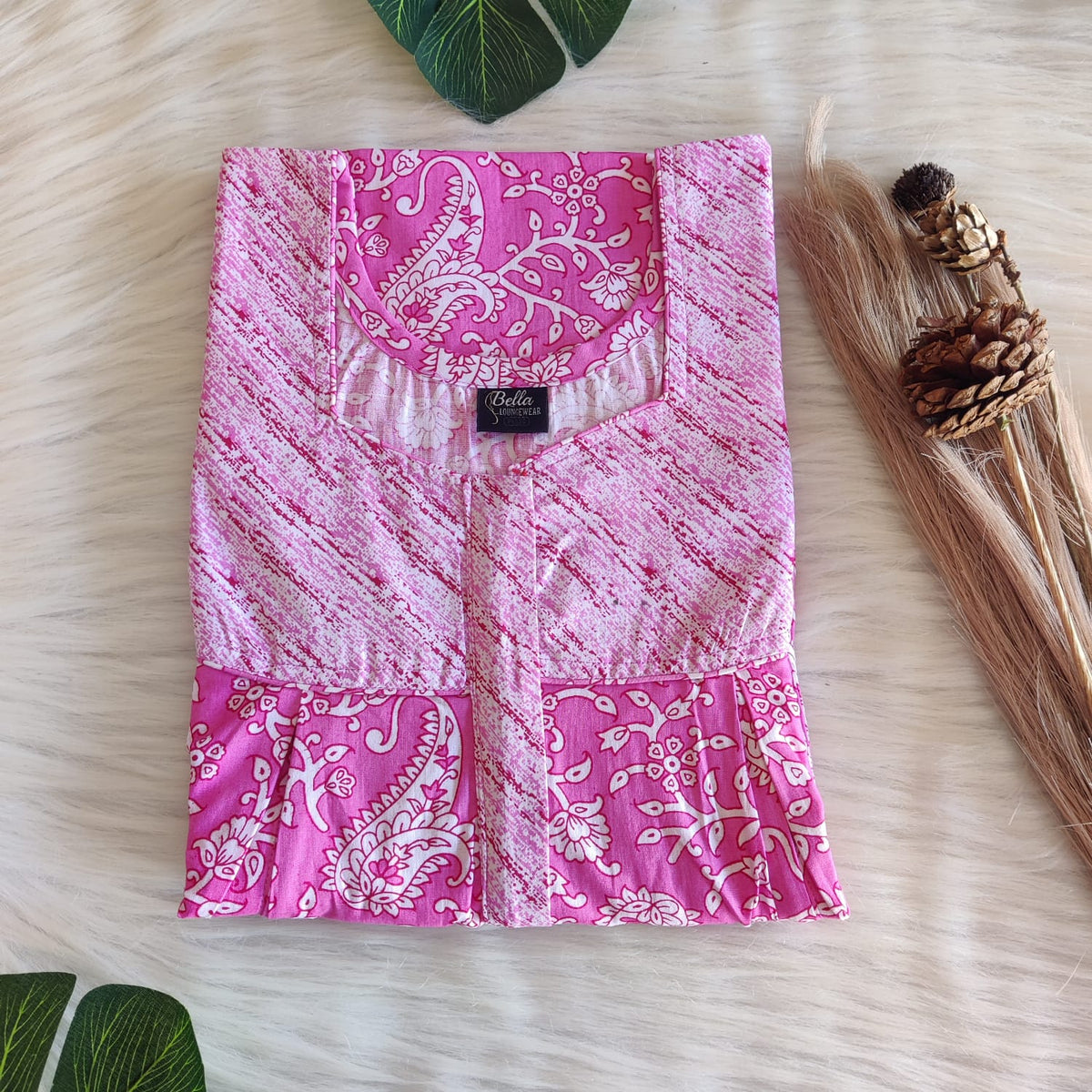 White And Pink Printed Premium Cotton Pleated Vertical Zip Feeding Nighty | Free Size | Chest Width 44″| Length 54″-56″