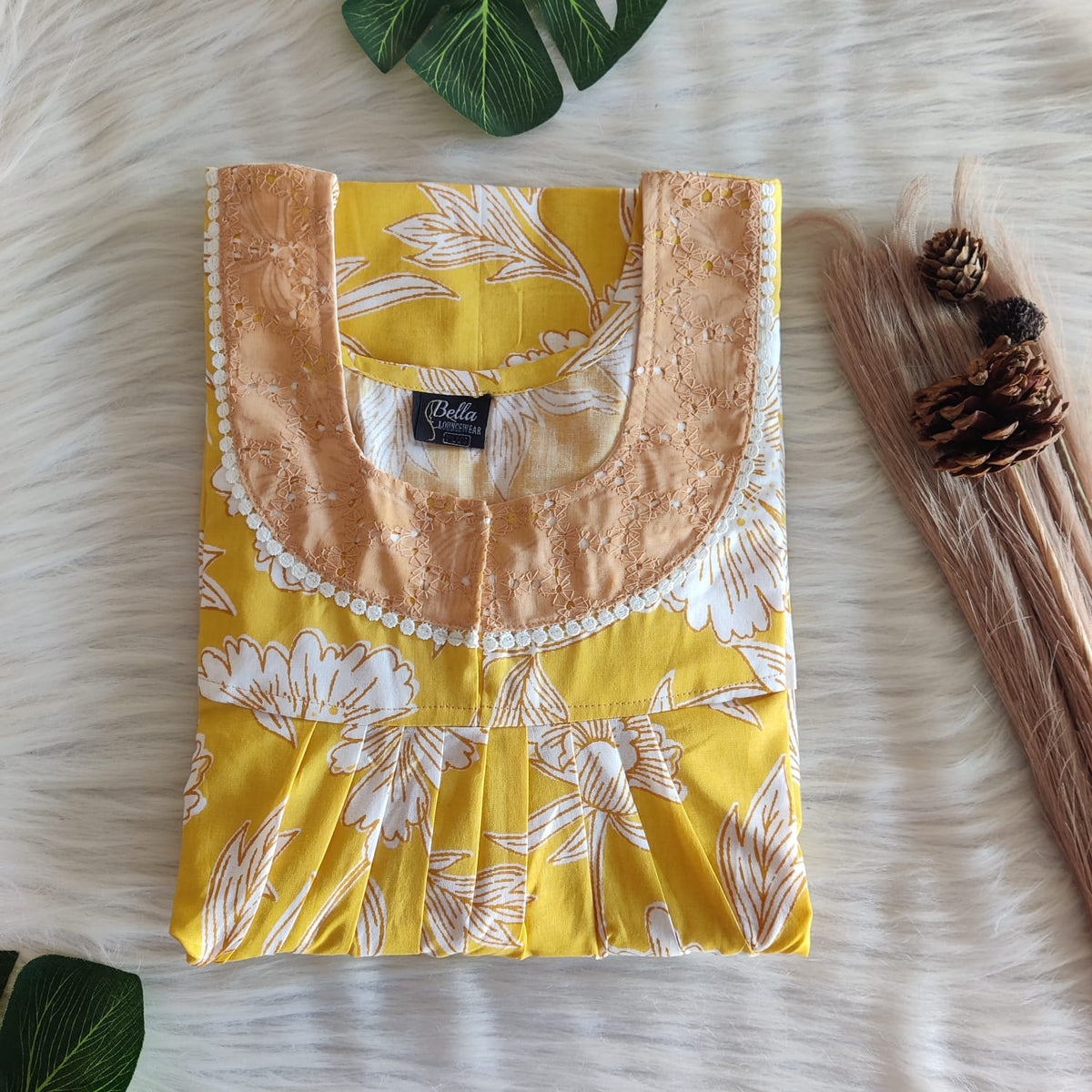 Yellow Floral Printed Premium Cotton Hakoba Lace Nighty | Free Size | Chest Width 44″| Length 54″-56″