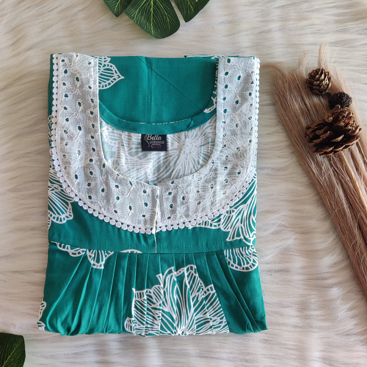 Green And White Floral Printed Premium Cotton Hakoba Lace Nighty | Free Size | Chest Width 44″| Length 54″-56″