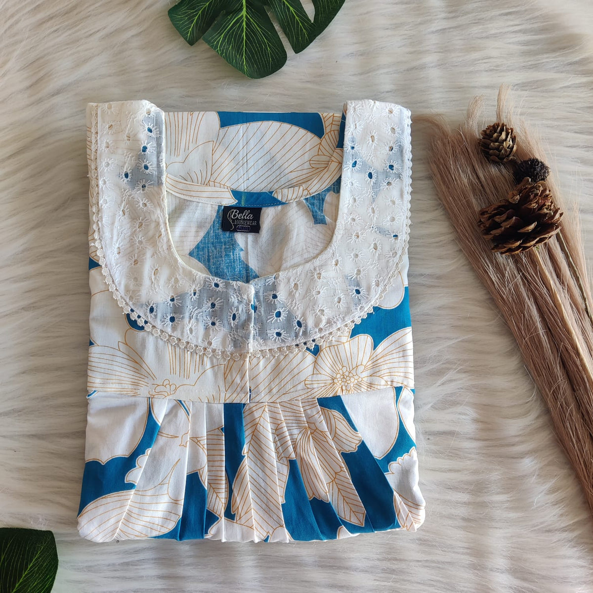 Blue And White Floral Printed Premium Cotton Hakoba Lace Nighty | Free Size | Chest Width 44″| Length 54″-56″