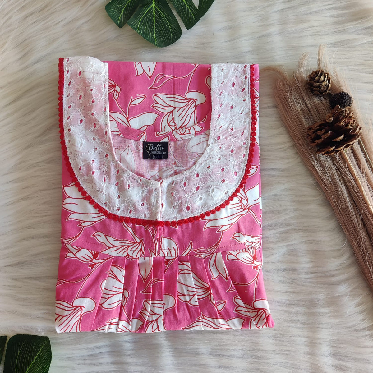 Peach And White Floral Printed Premium Cotton Hakoba Lace Nighty | Free Size | Chest Width 44″| Length 54″-56″