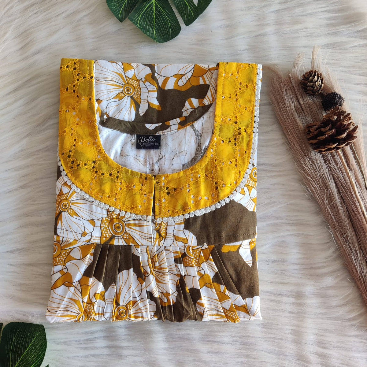 Yellow And Olive Green Printed Premium Cotton Hakoba Lace Nighty | Free Size | Chest Width 44″| Length 54″-56″