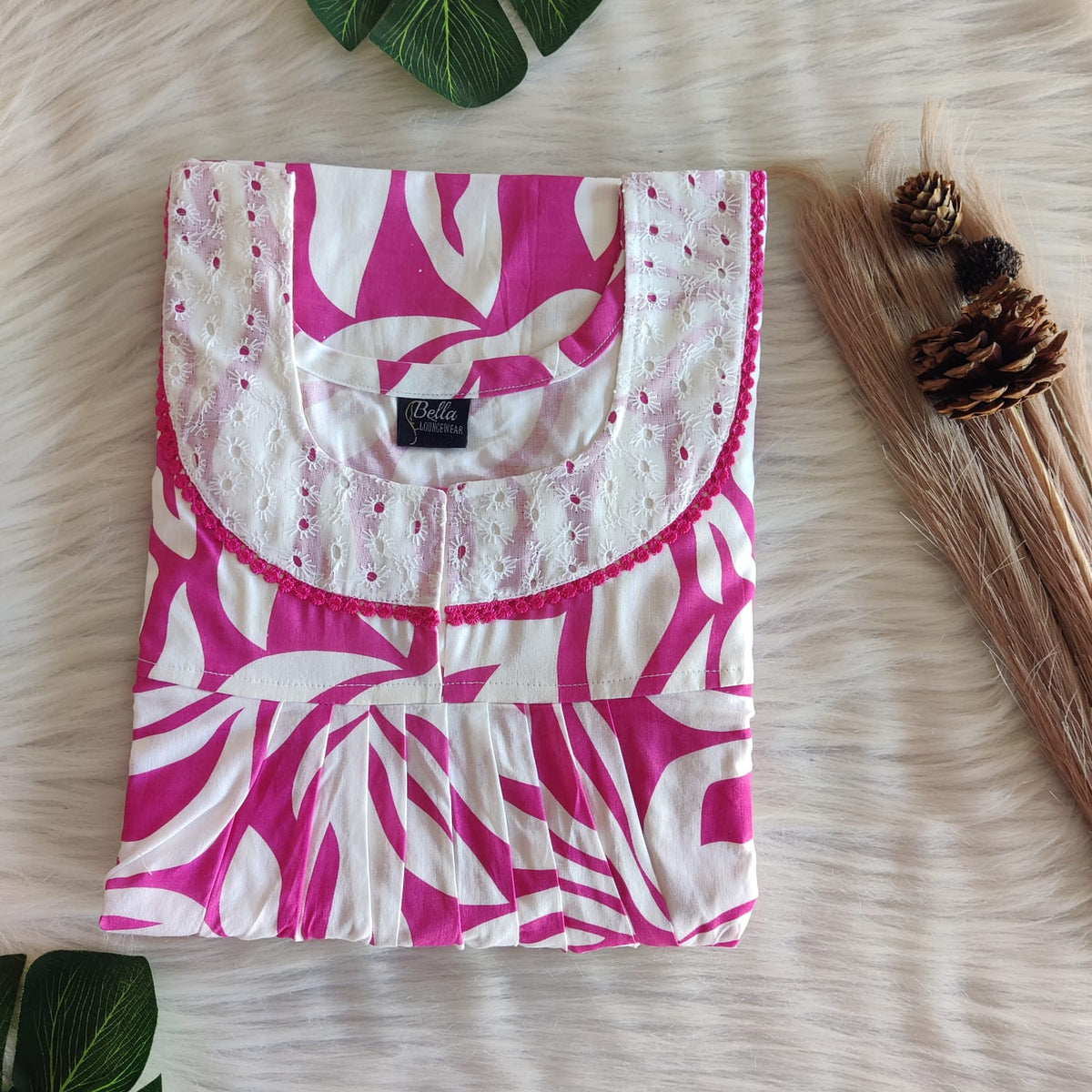 Pink And White Printed Premium Cotton Hakoba Lace Nighty | Free Size | Chest Width 44″| Length 54″-56″