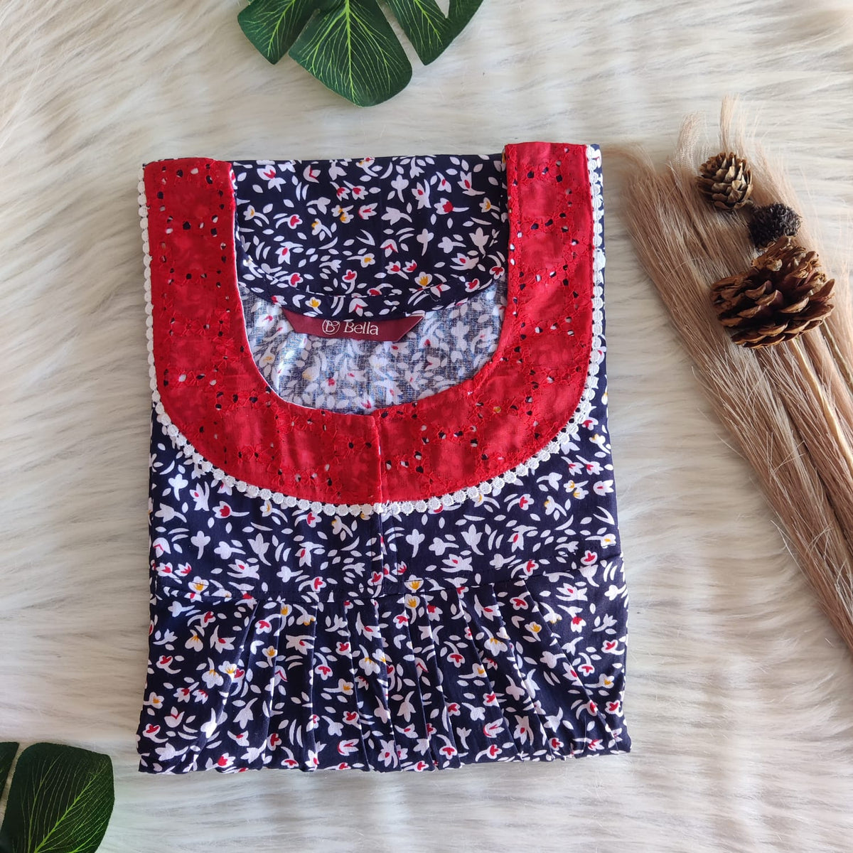 Navy Blue Floral Printed Premium Cotton Hakoba Lace Nighty | Free Size | Chest Width 44″| Length 54″-56″
