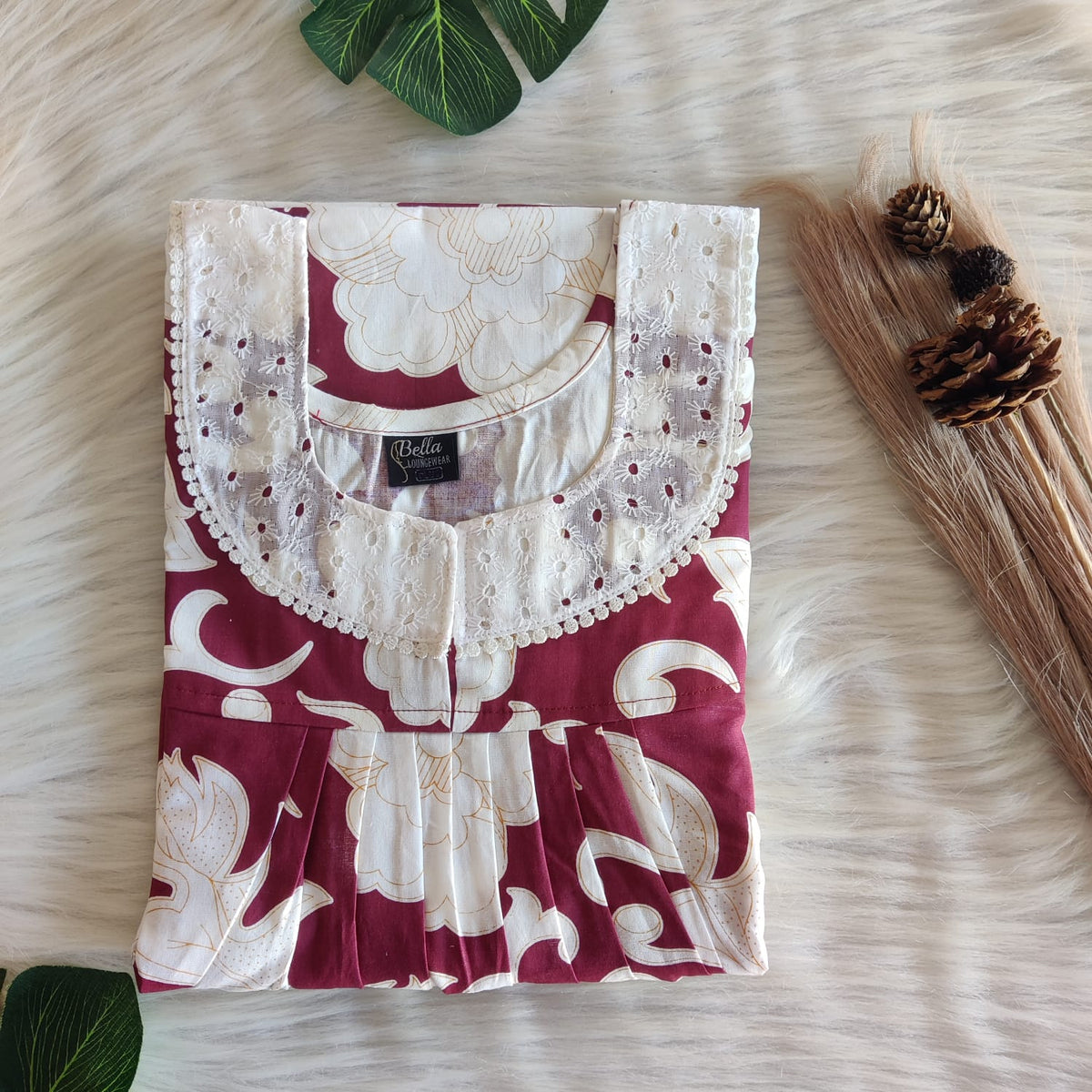 Maroon And White Floral Printed Premium Cotton Hakoba Lace Nighty | Free Size | Chest Width 44″| Length 54″-56″