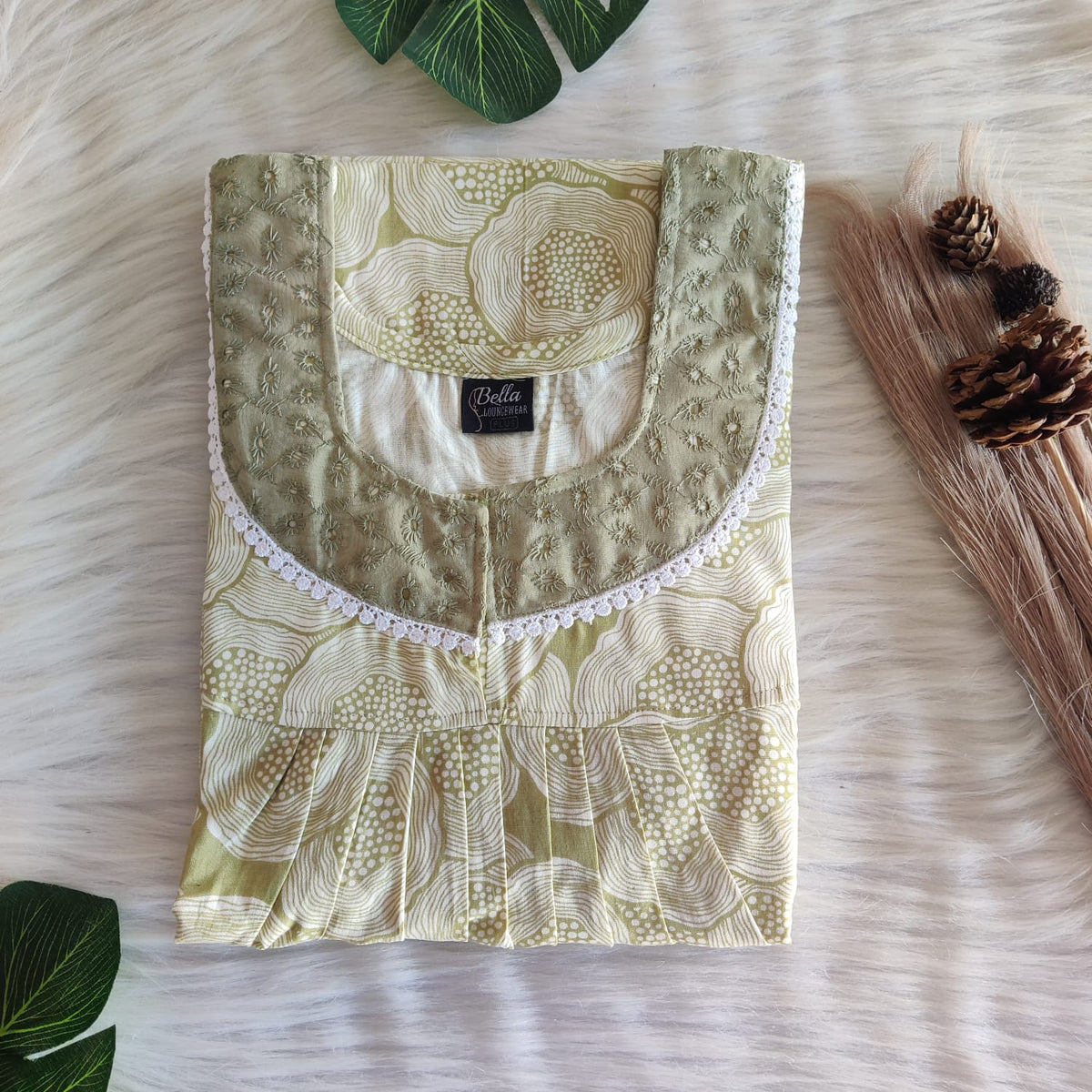 Pastel Green Printed Premium Cotton Hakoba Lace Nighty | Free Size | Chest Width 44″| Length 54″-56″
