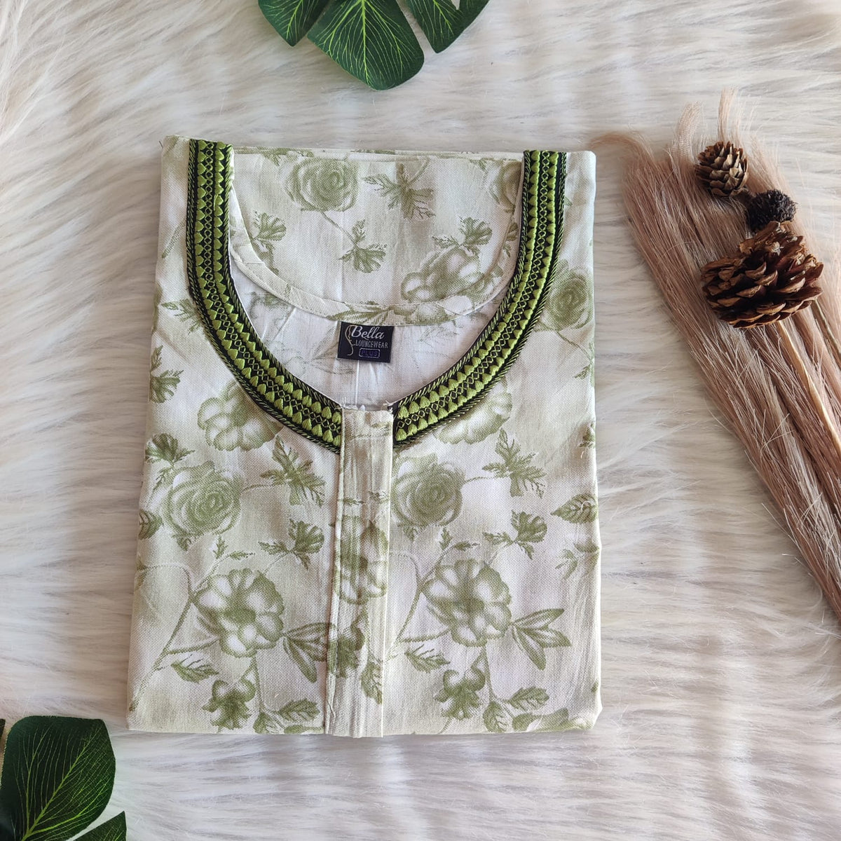 Pastel Green Printed Premium Cotton 3/4 Sleeve Churidar Cut Nighty With Matching Neck Embroidery | Chest Width 44″ | Length 56″