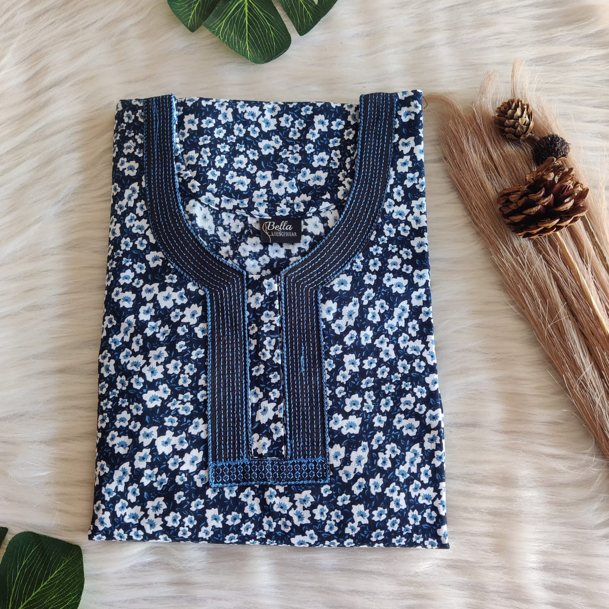 Navy Blue And White Floral Printed Premium Cotton 3/4 Sleeve Churidar Cut Nighty With Matching Neck Embroidery | Chest Width 44″ | Length 56″