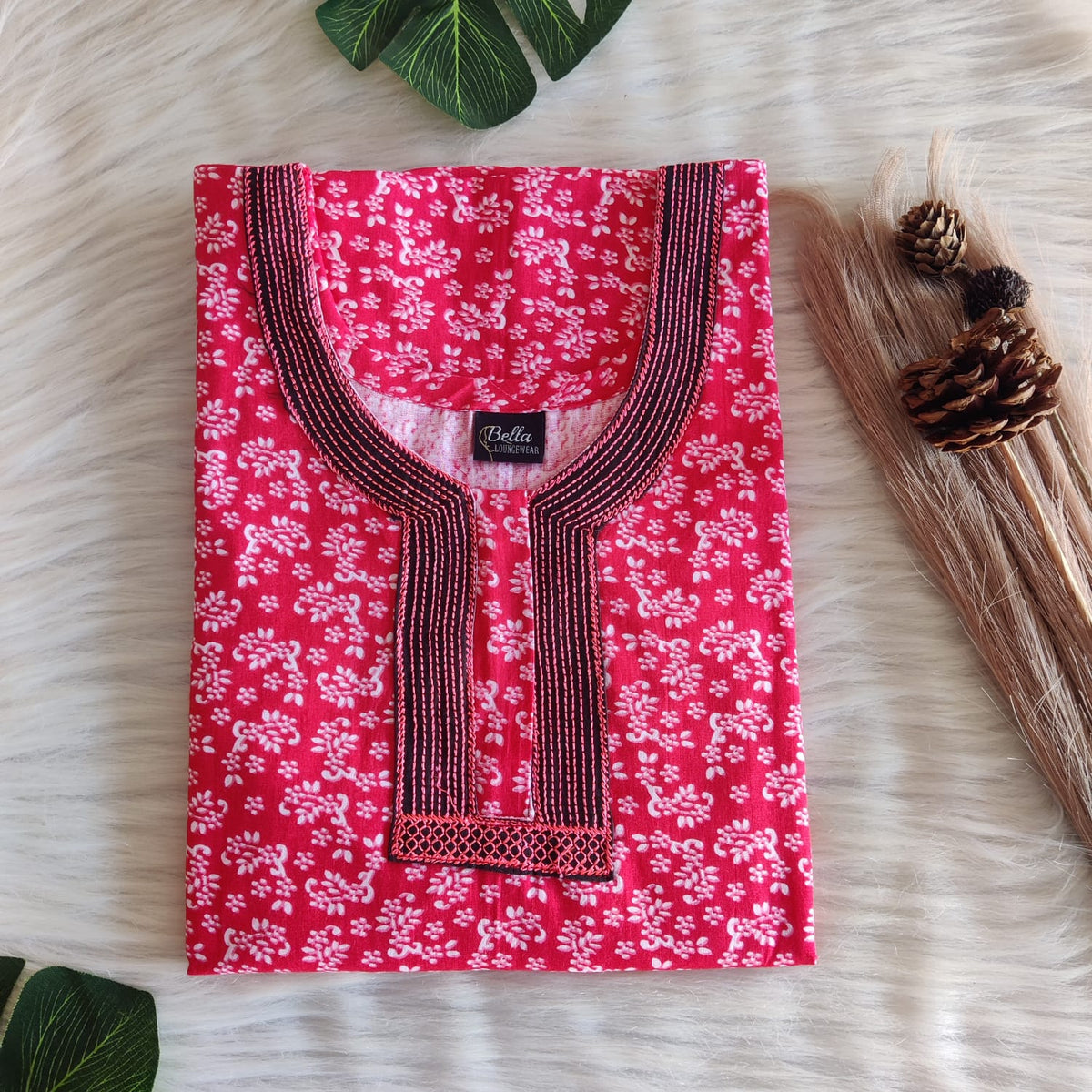 Red Printed Premium Cotton 3/4 Sleeve Churidar Cut Nighty With Matching Neck Embroidery | Chest Width 44″ | Length 56″