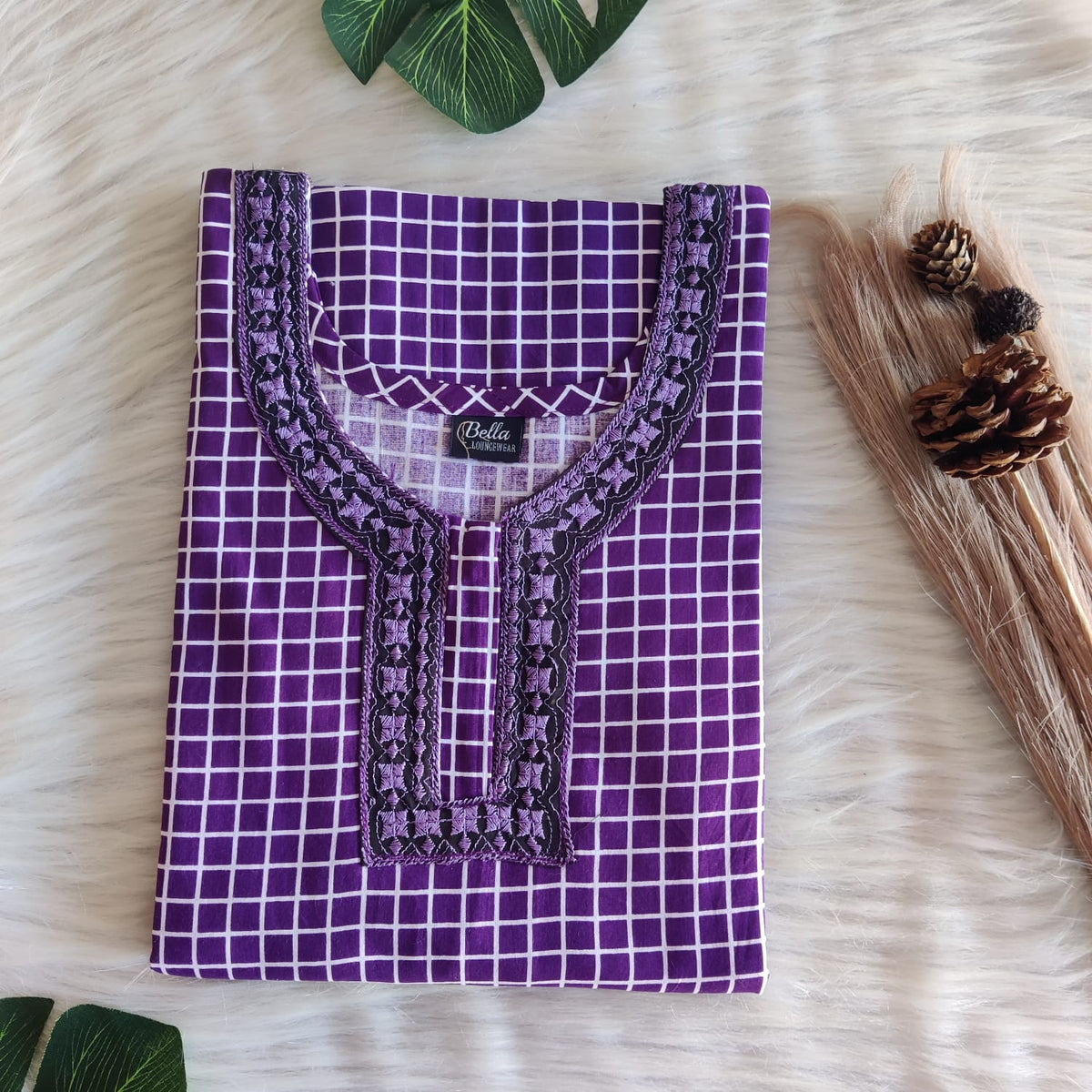 Purple Printed Premium Cotton 3/4 Sleeve Churidar Cut Nighty With Matching Neck Embroidery | Chest Width 44″ | Length 56″