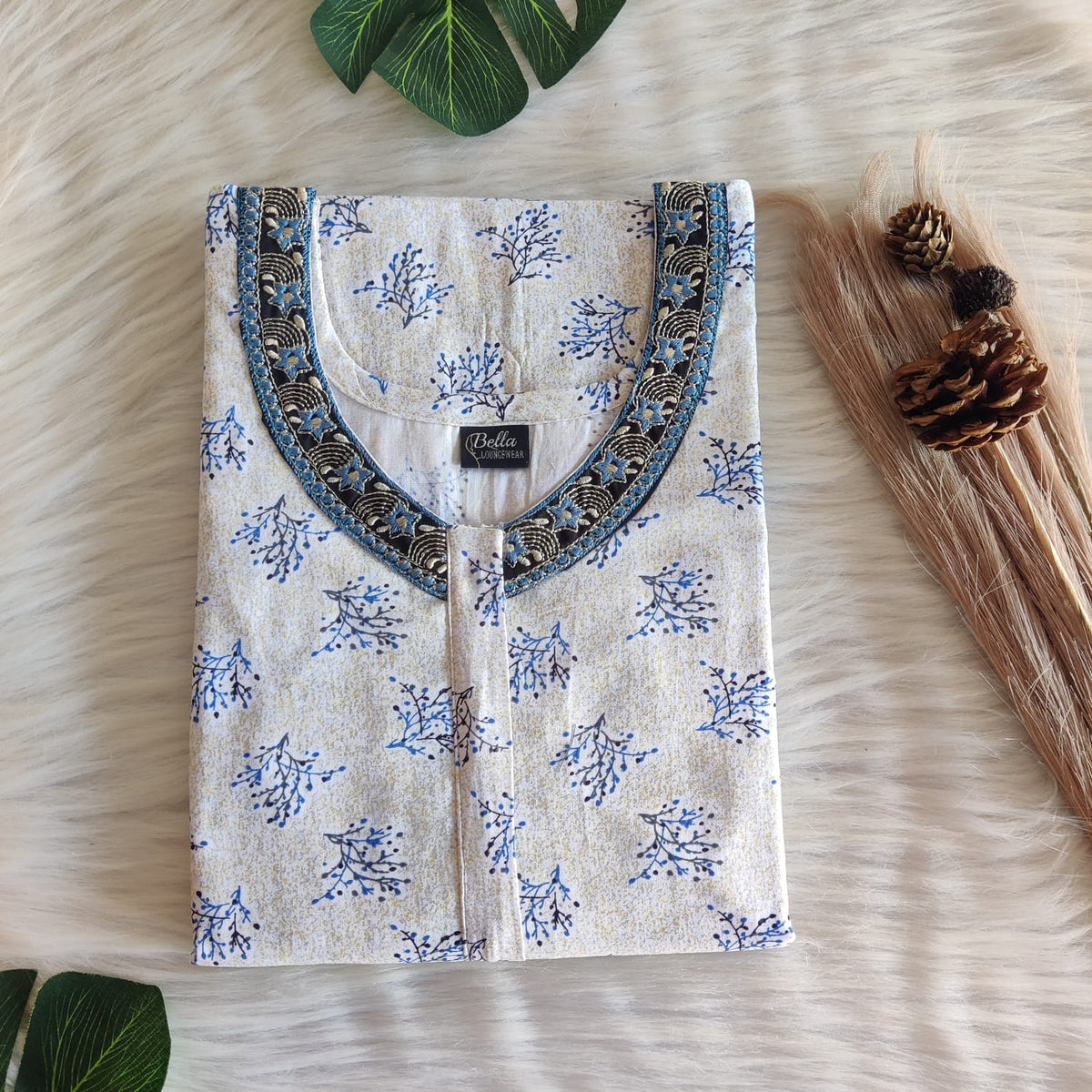White Printed Premium Cotton 3/4 Sleeve Churidar Cut Nighty With Matching Neck Embroidery | Chest Width 44″ | Length 56″