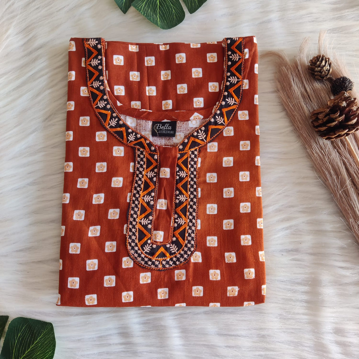 Brown Printed Premium Cotton 3/4 Sleeve Churidar Cut Nighty With Matching Neck Embroidery | Chest Width 44″ | Length 56″