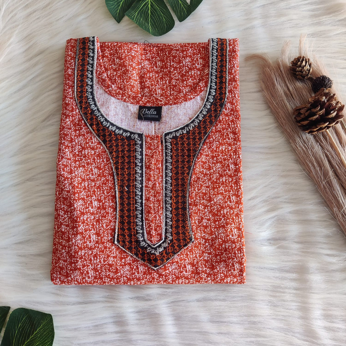 Rust Orange Printed Premium Cotton 3/4 Sleeve Churidar Cut Nighty With Matching Neck Embroidery | Chest Width 44″ | Length 56″