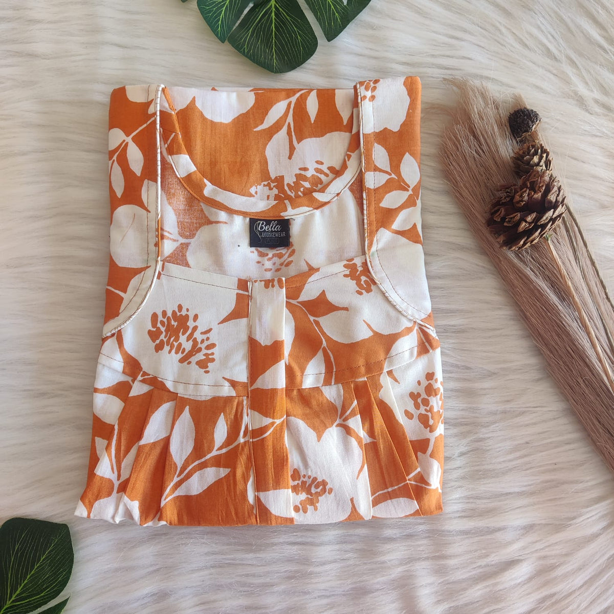 Orange And White Floral Premium Cotton Pleated Zip Nighty | Free Size | Chest Width 44″| Length 54″-55″