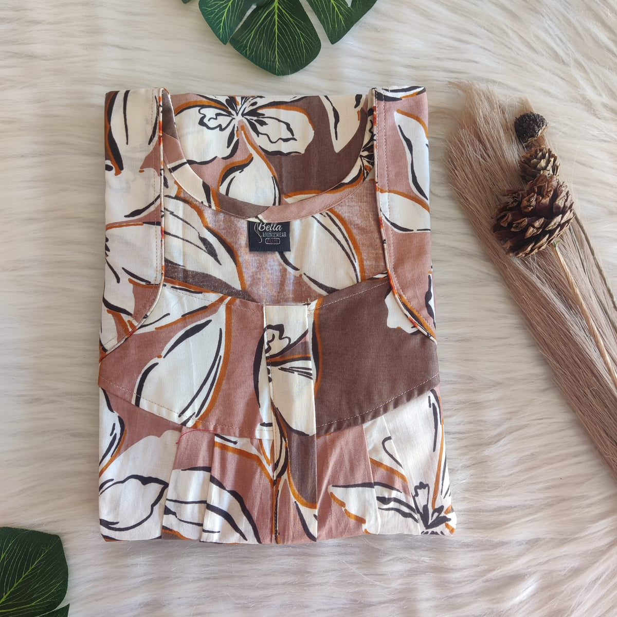 Brown And White Premium Cotton Pleated Zip Nighty | Free Size | Chest Width 44″| Length 54″-55″