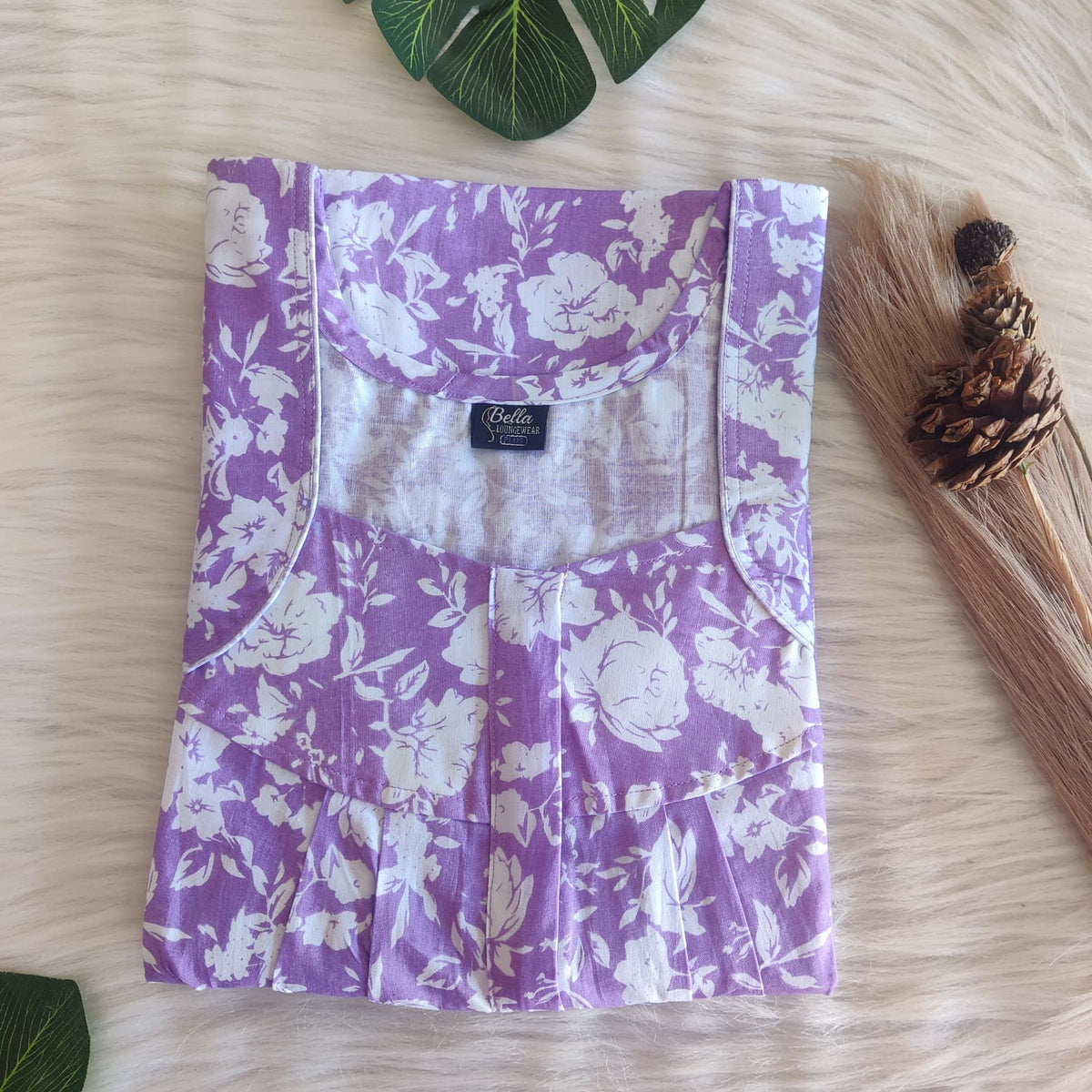 Lavender And White Floral Premium Cotton Pleated Zip Nighty | Free Size | Chest Width 44″| Length 54″-55″