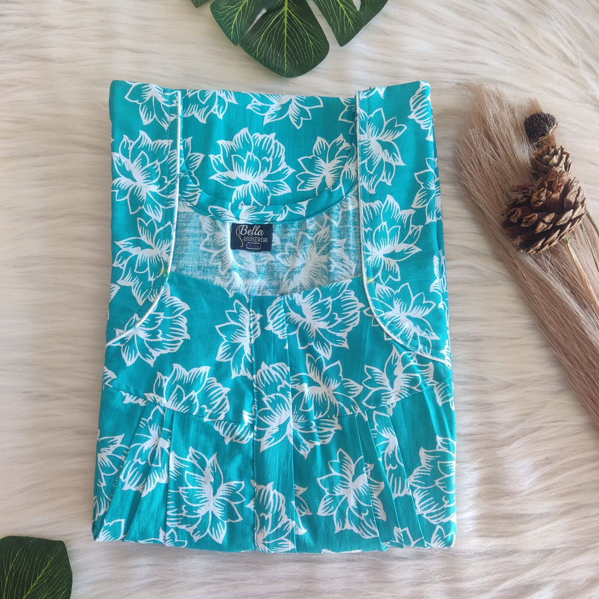 Blue And White Floral Premium Cotton Pleated Zip Nighty | Free Size | Chest Width 44″| Length 54″-55″