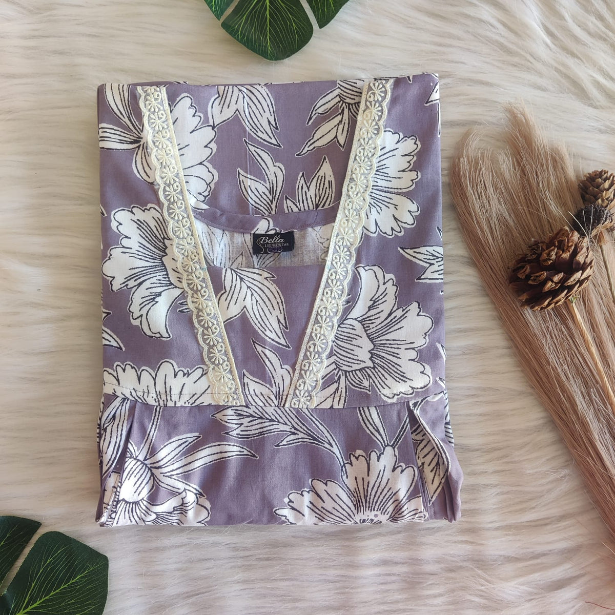 Lavender And White Floral Printed Premium Cotton Two Side Vertical Lace Zip Feeding Nighty | Free Size | Chest Width 44″| Length 56″