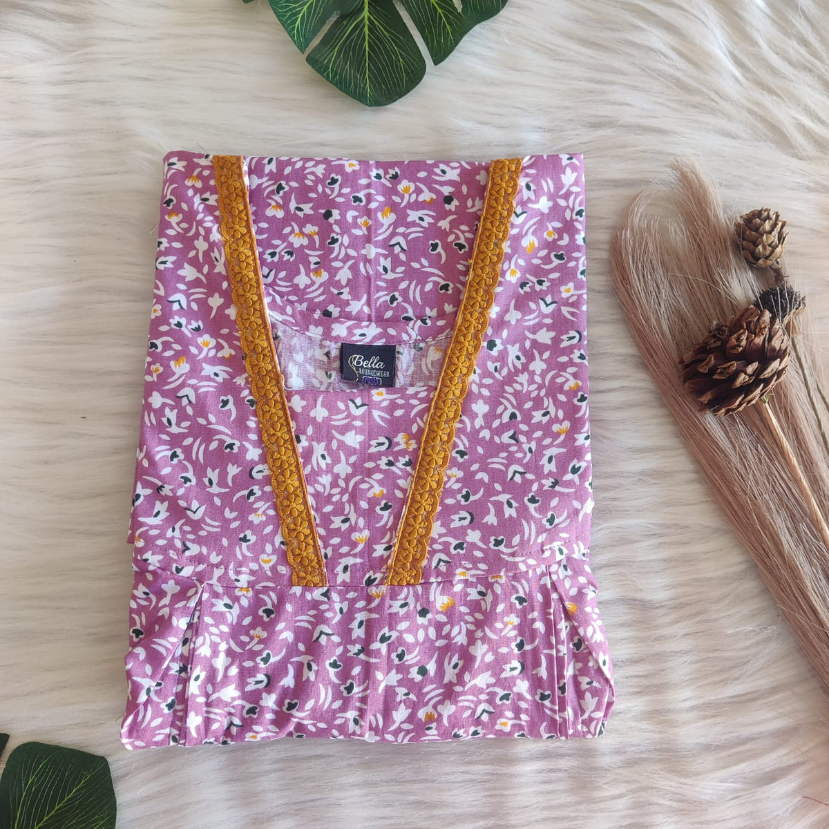 Pastel Pink Printed Premium Cotton Two Side Vertical Lace Zip Feeding Nighty | Free Size | Chest Width 44″| Length 56″