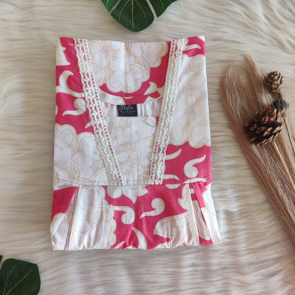 Pink And White Printed Premium Cotton Two Side Vertical Lace Zip Feeding Nighty | Free Size | Chest Width 44″| Length 56″
