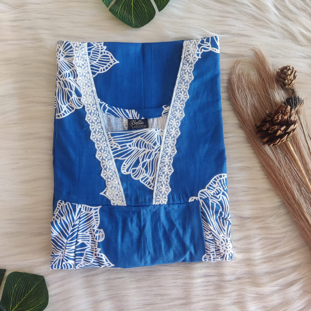 Royal Blue And White Printed Premium Cotton Two Side Vertical Lace Zip Feeding Nighty | Free Size | Chest Width 44″| Length 56″