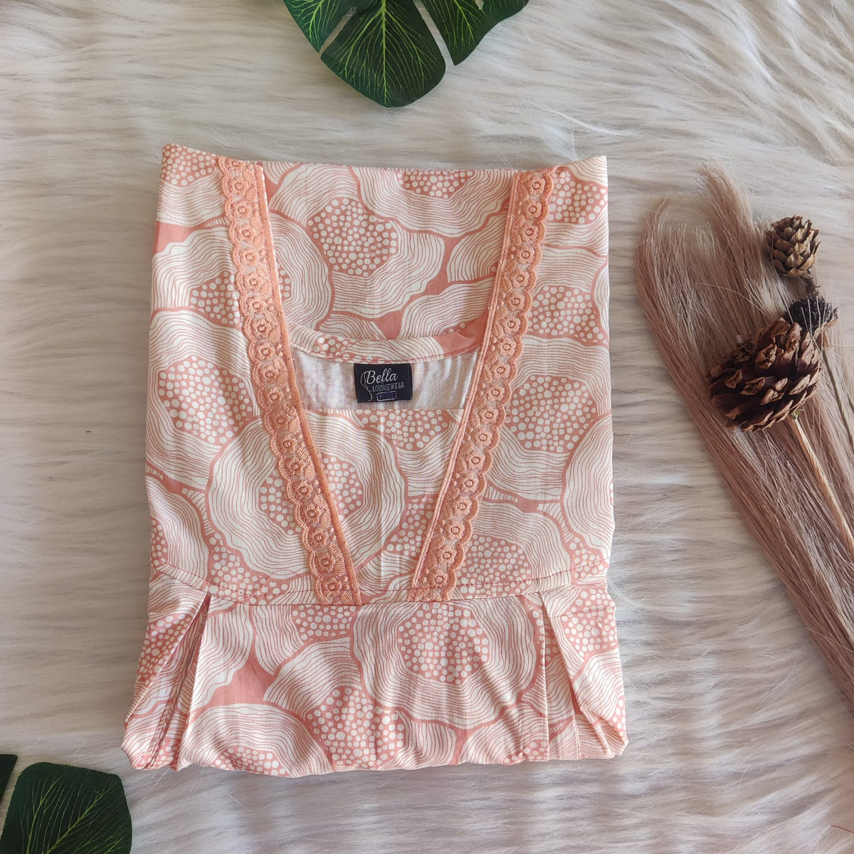 Pastel Orange Printed Premium Cotton Two Side Vertical Lace Zip Feeding Nighty | Free Size | Chest Width 44″| Length 56″