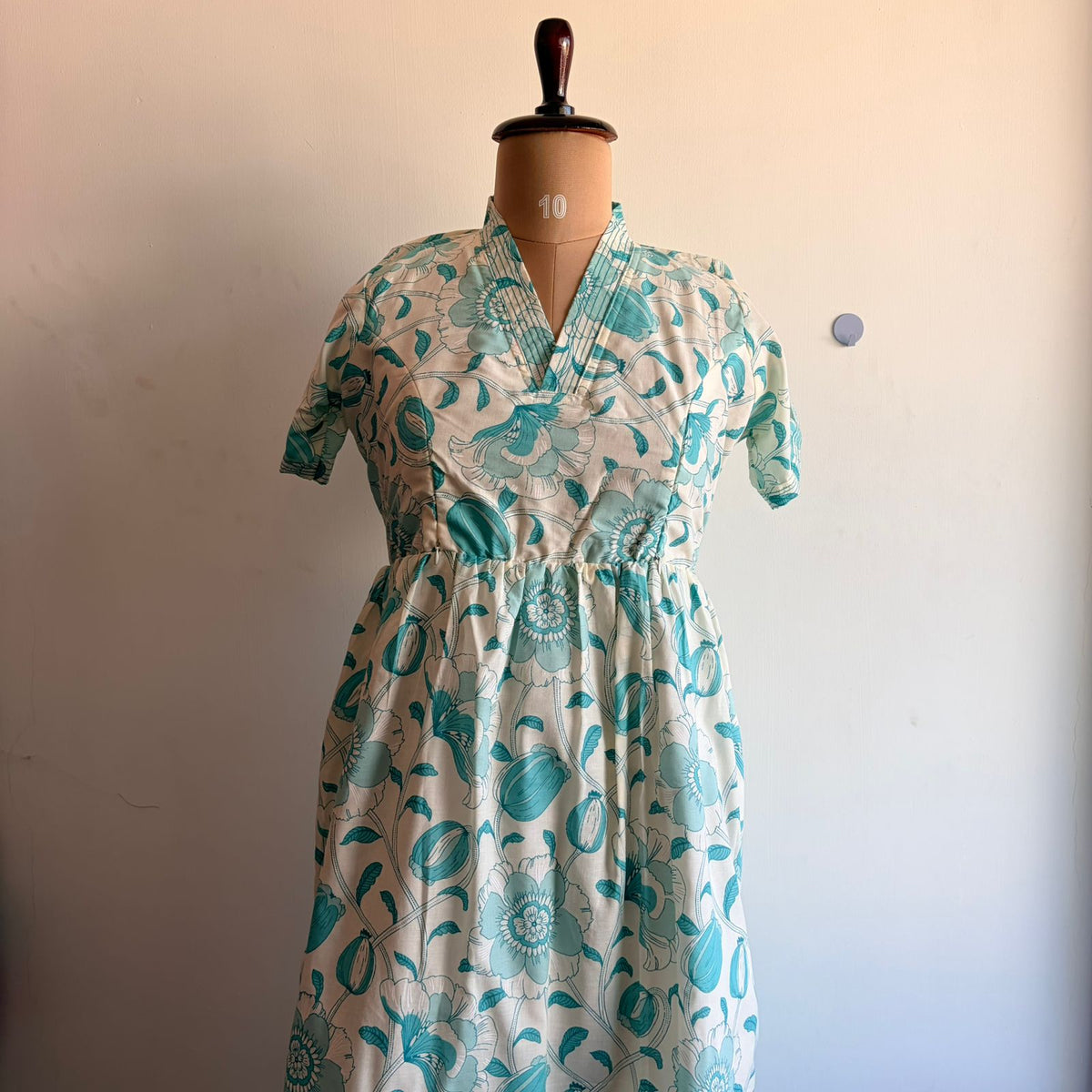 Aqua Blue Floral Printed Cambric Cotton With Cotton Lining V Collar Neck Short Maternity Gown | Free Size |