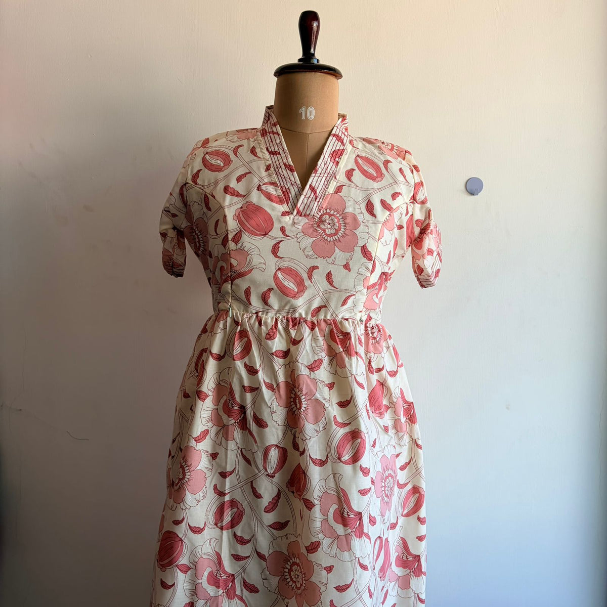 Pastel Peach Floral Printed Cambric Cotton With Cotton Lining V Collar Neck Short Maternity Gown | Free Size |