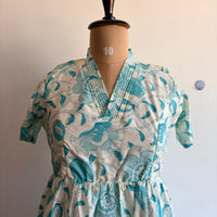 Aqua Blue Floral Printed Cambric Cotton With Cotton Lining V Collar Neck Short Maternity Gown | Free Size |