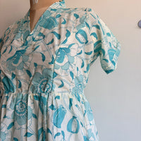 Aqua Blue Floral Printed Cambric Cotton With Cotton Lining V Collar Neck Short Maternity Gown | Free Size |