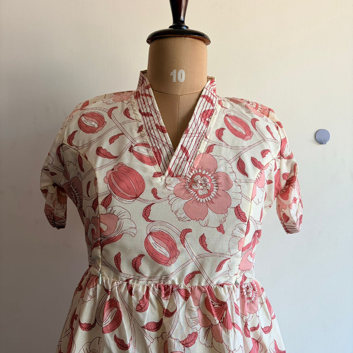 Pastel Peach Floral Printed Cambric Cotton With Cotton Lining V Collar Neck Short Maternity Gown | Free Size |