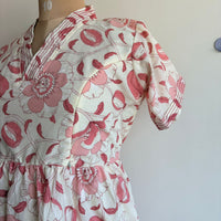 Pastel Peach Floral Printed Cambric Cotton With Cotton Lining V Collar Neck Short Maternity Gown | Free Size |