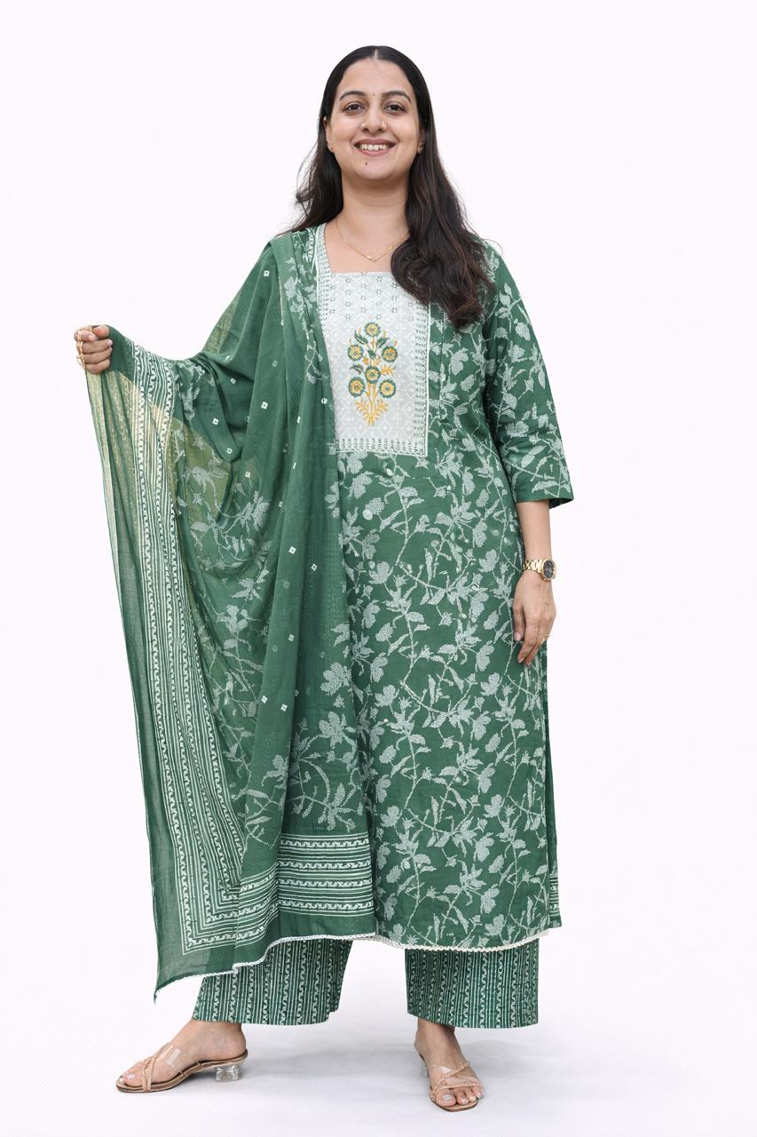 Green Floral Printed Round Neck Cotton Feeding 3 Piece Set With Pant And Dupatta | Free size