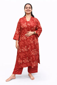Rust Orange Floral Printed Kantha Cotton V - Collar Neck Kurti Co-ord Set| Palazzo Pant | Free Size