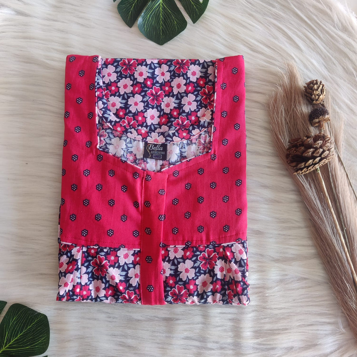 Pink And Grey Floral Printed Premium Cotton Plus Size Pleated Vertical Zip Feeding Nighty | Chest Width 50″| Length 56″