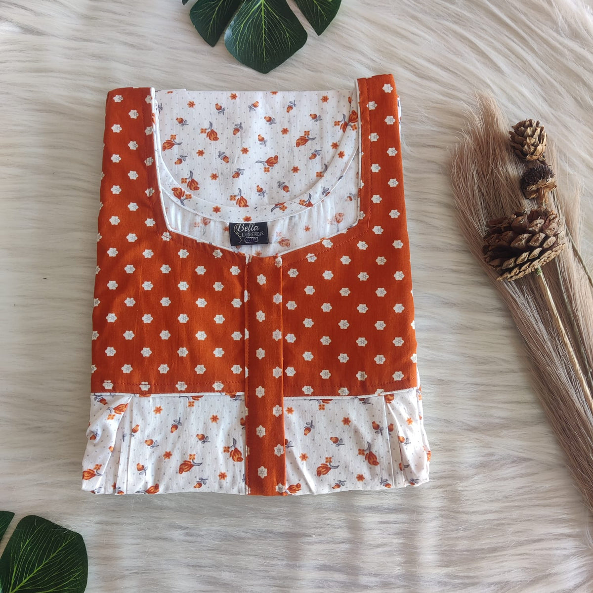 Brown And White Floral Printed Premium Cotton Plus Size Pleated Vertical Zip Feeding Nighty | Chest Width 50″| Length 56″
