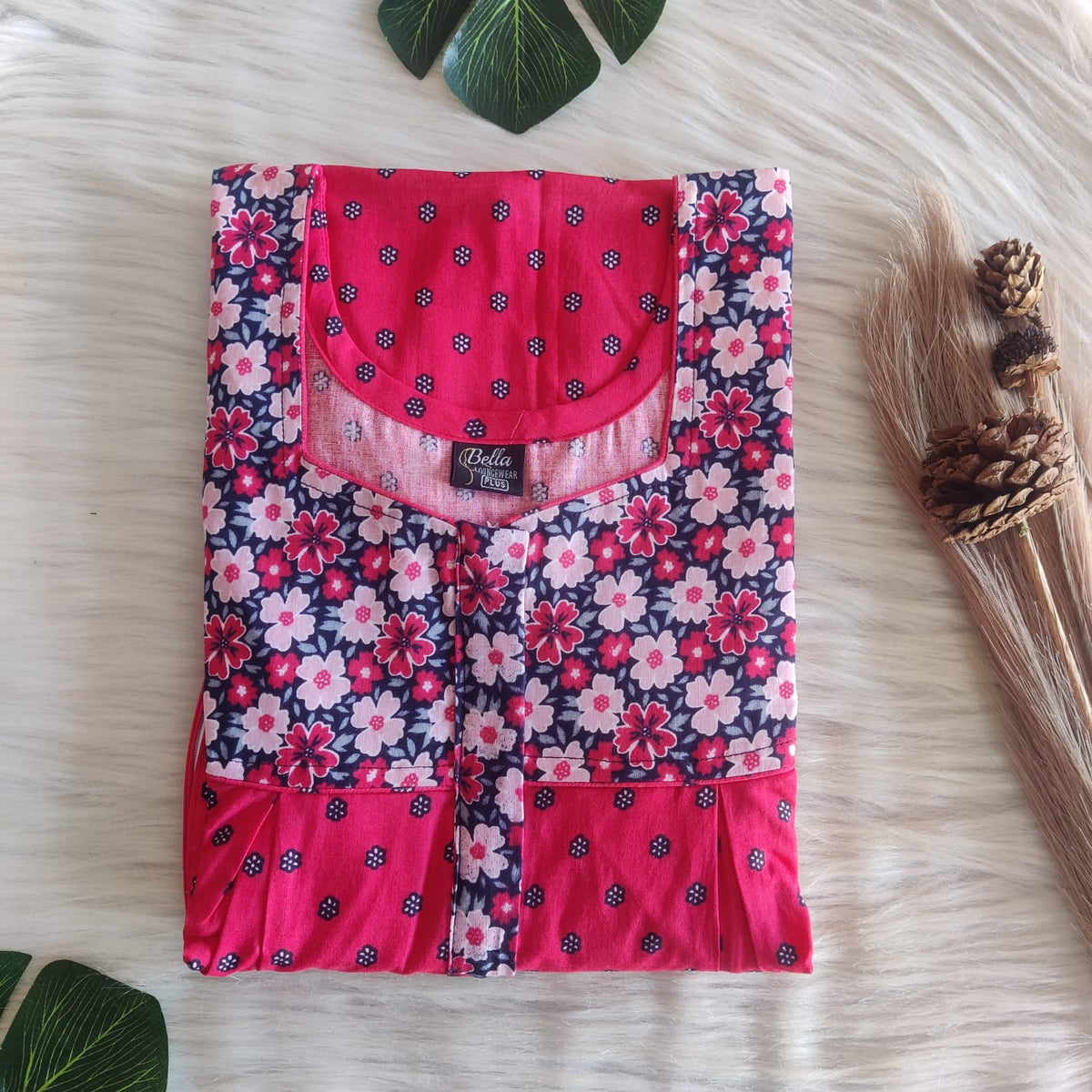 Grey And Pink Floral Printed Premium Cotton Plus Size Pleated Vertical Zip Feeding Nighty | Chest Width 50″| Length 56″
