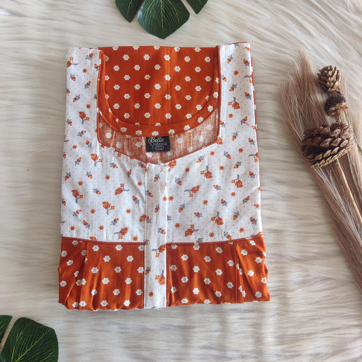 White And Brown Floral Printed Premium Cotton Plus Size Pleated Vertical Zip Feeding Nighty | Chest Width 50″| Length 56″