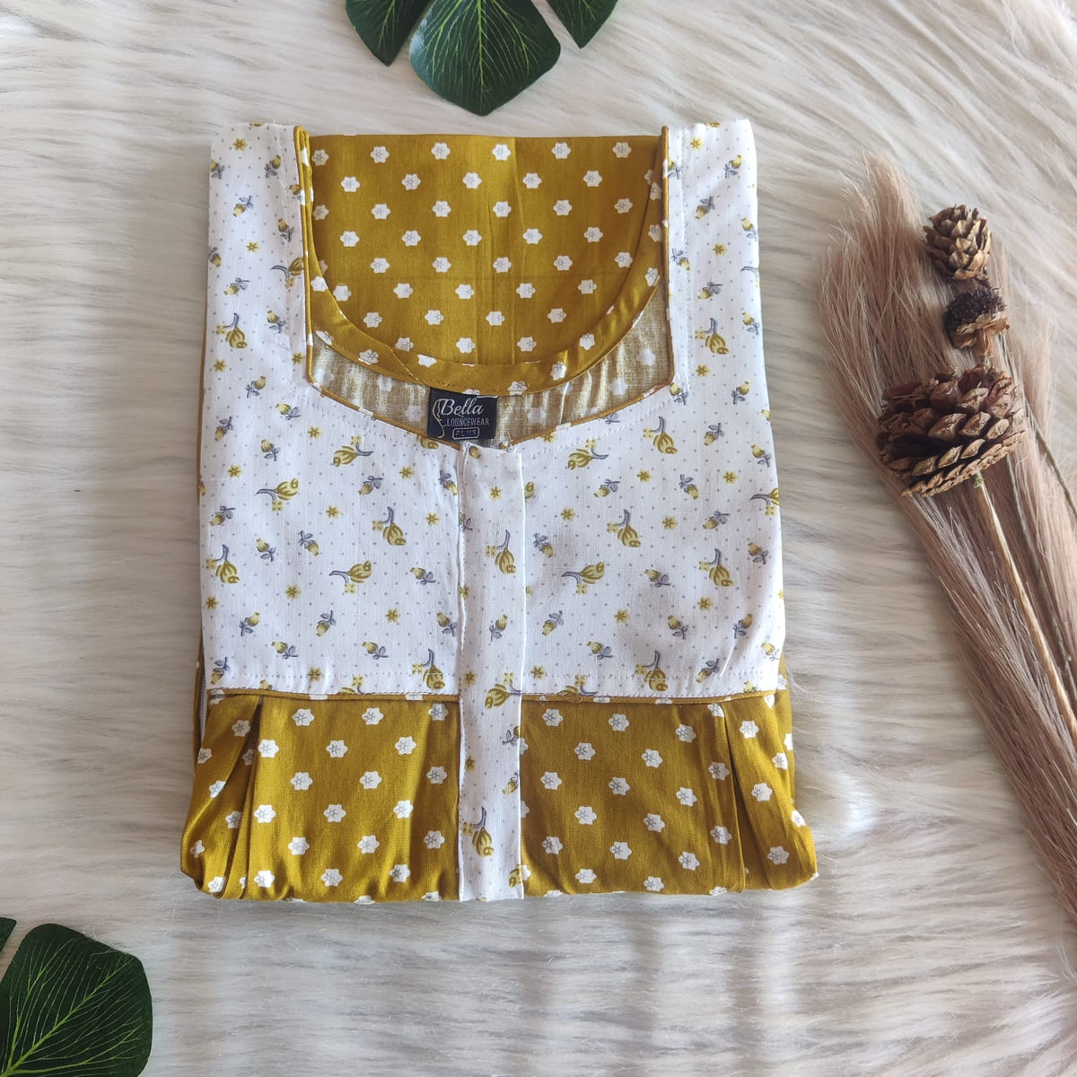 White And Olive Green Printed Premium Cotton Plus Size Pleated Vertical Zip Feeding Nighty | Chest Width 50″| Length 56″